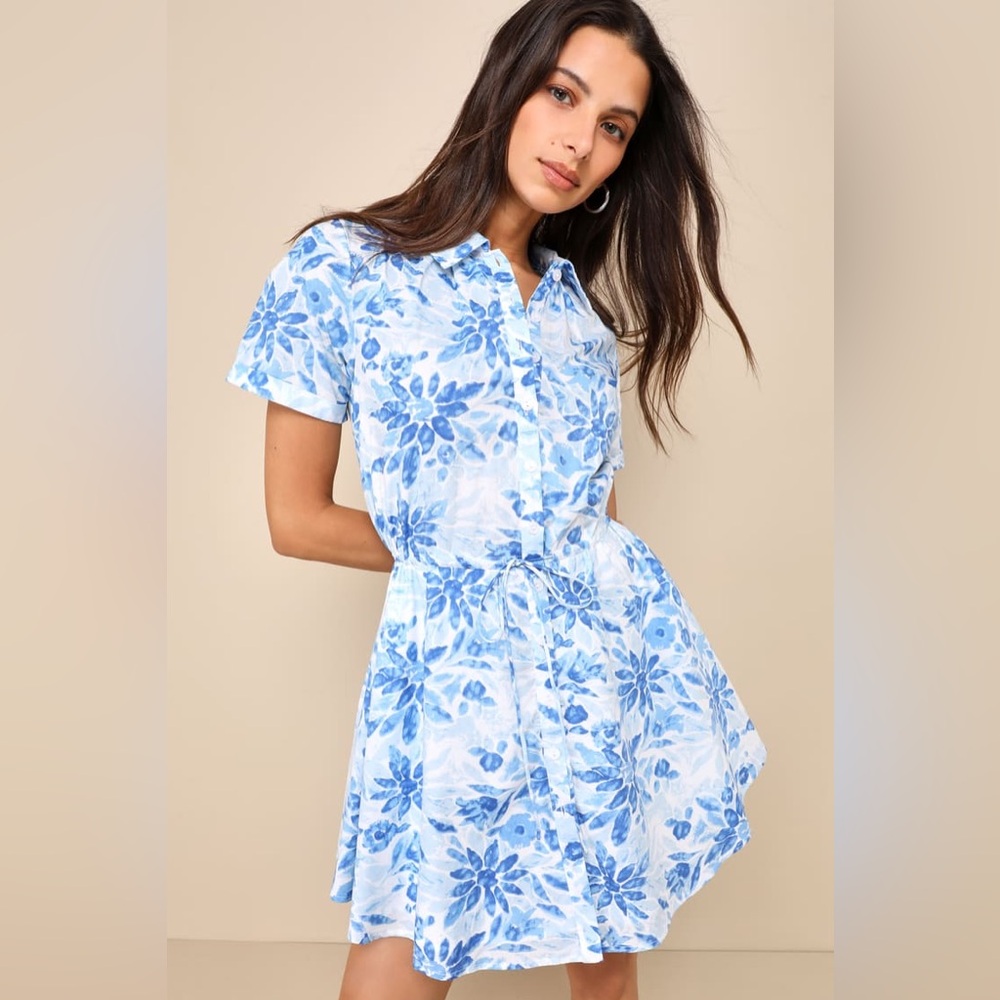 Lulus Sunny Charisma Blue Floral Button-Up Mini Dress With Pockets